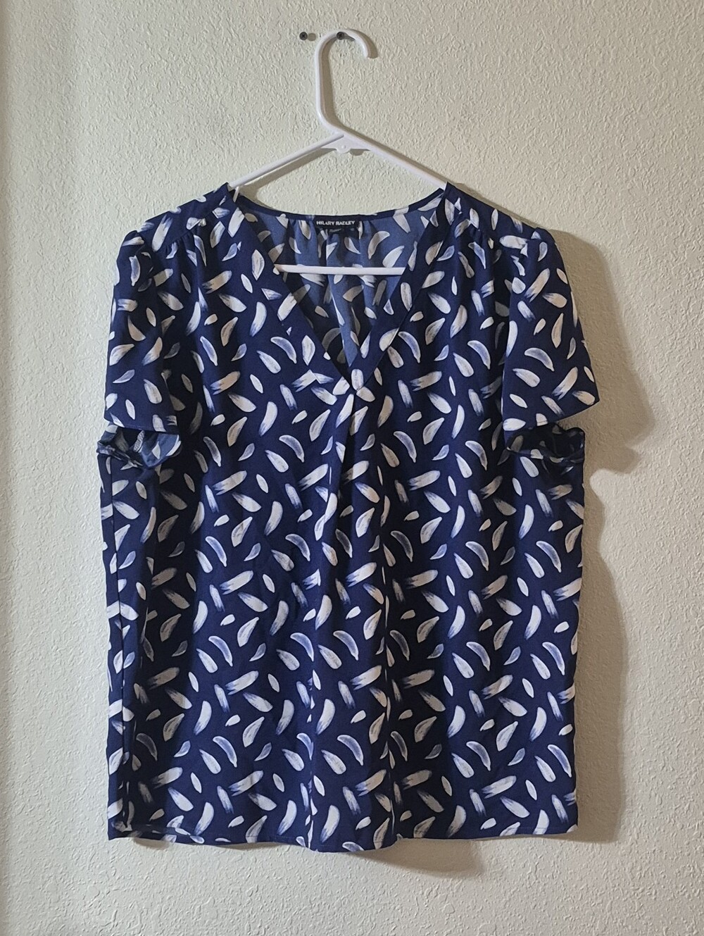 Hilary Radley Navy Blouse with White Leaf Print